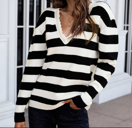 Pre-Order Striped Lace Splicing V Neck Pullover Sweater