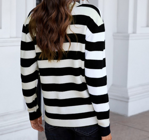 Pre-Order Striped Lace Splicing V Neck Pullover Sweater