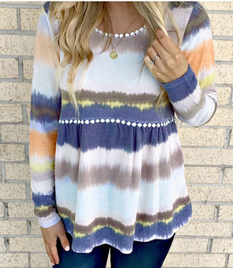 Pre-Order Tie Dyed Print Pom Pom Trim Long Sleeve Top