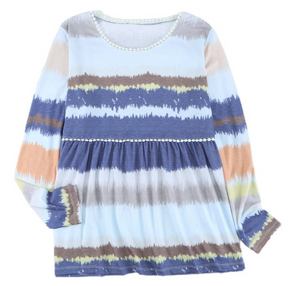 Pre-Order Tie Dyed Print Pom Pom Trim Long Sleeve Top