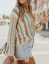 Load image into Gallery viewer, Pre-Order Multicolor Striped V Neck Bell Sleeve Hooded Sweater