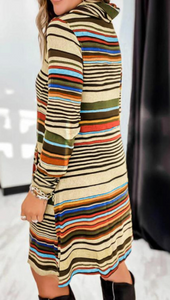 Pre-Order Striped Turtleneck Long Sleeve Shirt Mini Dress with Pocket