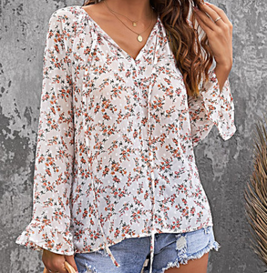 Pre-Order Floral Print Drawstring Long Bell Sleeve Blouse