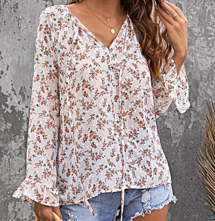 Pre-Order Floral Print Drawstring Long Bell Sleeve Blouse