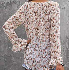 Pre-Order Floral Print Drawstring Long Bell Sleeve Blouse