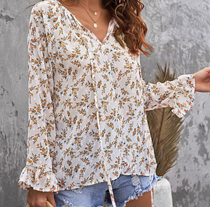 Pre-Order Floral Print Drawstring Long Bell Sleeve Blouse