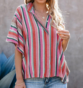 Pre-Order Rose Multi-color Striped Short Sleeve Blouse