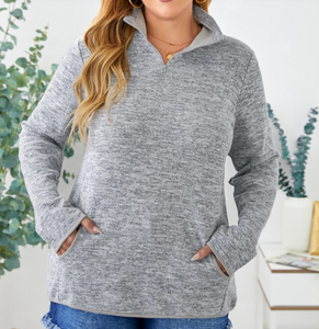 Pre-Order Plus Size Heathered Turn-down Zip Collar Sweatshirt