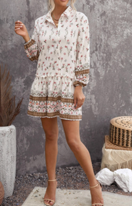 Pre-Order Floral Print Puff Sleeve Buttoned Shirt Mini Dress