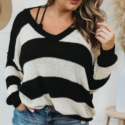 Pre-Order Plus Size Color Block V Neck Pullover Knit Sweaters