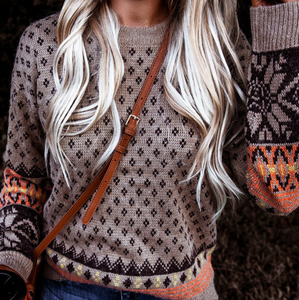 Taupe Boho Printed Pullover Sweater