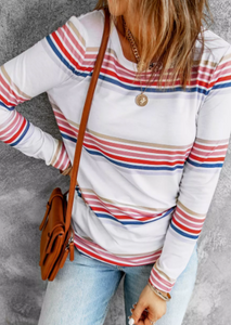 Pre-Order White Stripe Print Crew Neck Long Sleeve Top