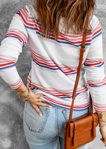 Pre-Order White Stripe Print Crew Neck Long Sleeve Top