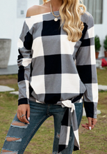 Load image into Gallery viewer, Pre-Order Plaid Tie Hem One Shoulder Pullover Sweatshirt