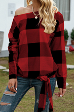 Load image into Gallery viewer, Pre-Order Plaid Tie Hem One Shoulder Pullover Sweatshirt