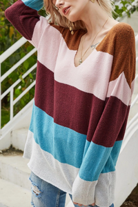 Pre-Order V Neck Color Block Stripes Sweater