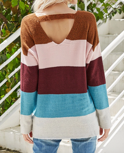 Pre-Order V Neck Color Block Stripes Sweater