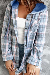 Pre-Order Plaid Buttoned Drawstring Hooded Coat