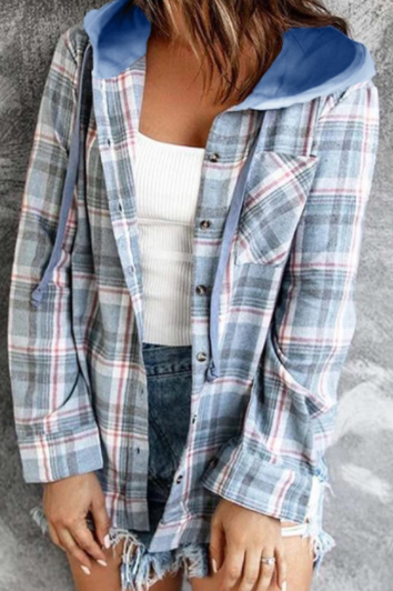 Pre-Order Plaid Buttoned Drawstring Hooded Coat