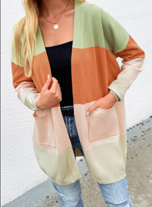 Pre-Order Open Front Color Block Pockets Tunic Cardigan