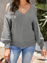 Load image into Gallery viewer, Pre-Order V Neck Twisted Back Cold Shoulder Sweater