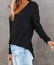 Load image into Gallery viewer, Pre-Order Black V Neck Long Sleeve Pocket Top