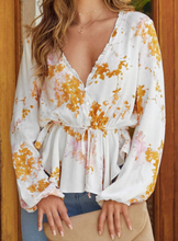 Load image into Gallery viewer, Pre-Order Floral V Neck Ruffle Tie Waist Bubble Sleeve Blouse