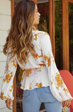 Load image into Gallery viewer, Pre-Order Floral V Neck Ruffle Tie Waist Bubble Sleeve Blouse