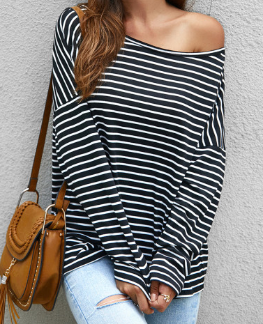 Pre-Order Black Boat Neck Drop Shoulder Striped Oversized Tops