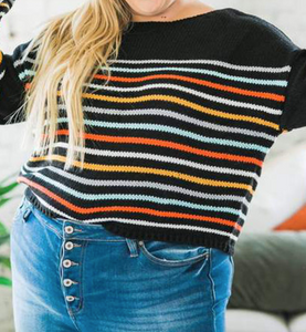 Pre-Order Black Rainbow Striped Print Plus Size Sweater