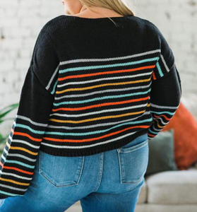 Pre-Order Black Rainbow Striped Print Plus Size Sweater