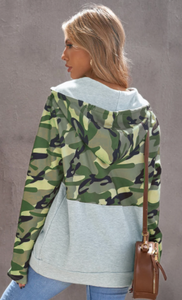 Pre-Order Green Camo Color Block Patchwork Zip Collar Sweatshirt