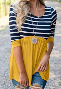 Pre-Order Striped Ruffled Three Quarter Sleeve O-Neck Top