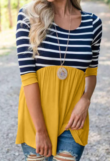 Pre-Order Striped Ruffled Three Quarter Sleeve O-Neck Top