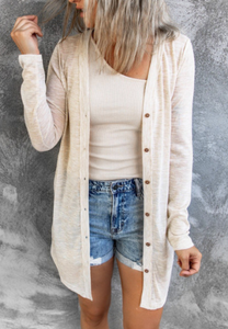 Pre-Order Beige Solid Color Open-Front Buttons Cardigan