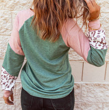 Load image into Gallery viewer, Pre-Order Green Round Neck Leopard Color Block Long Sleeve Top