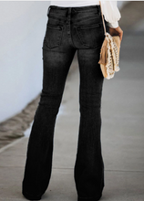 Load image into Gallery viewer, Black Mid Rise Button Front Flare Denim