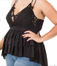 Load image into Gallery viewer, Black Crochet Lace Peplum Cami