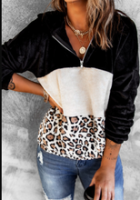 Load image into Gallery viewer, Pre-Order Black Leopard Color Block Pocket Fleece Quarter Zip Hoodie