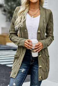 Pre-Order Button Down Front Pocket Cable Knit Cardigan