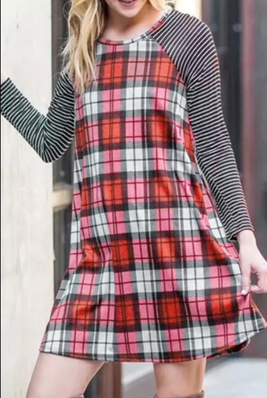 Pre-Order Plaid Striped Splicing Raglan Sleeve Mini Dress