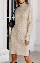 Load image into Gallery viewer, Pre-Order Turtleneck Pullover Textured Pattern Bodycon Sweater Dress with Slits