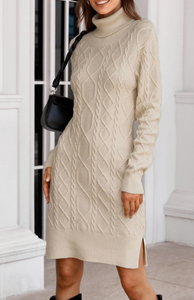 Pre-Order Turtleneck Pullover Textured Pattern Bodycon Sweater Dress with Slits