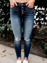 Load image into Gallery viewer, Pre-Order Dark Wash Distressed Button Fly Skinny Jeans