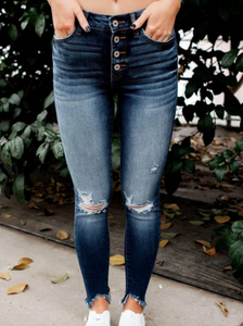 Pre-Order Dark Wash Distressed Button Fly Skinny Jeans