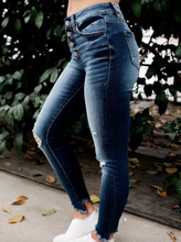 Load image into Gallery viewer, Pre-Order Dark Wash Distressed Button Fly Skinny Jeans