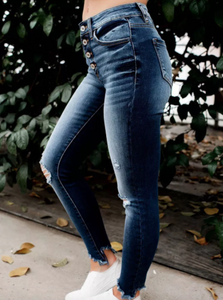 Pre-Order Dark Wash Distressed Button Fly Skinny Jeans