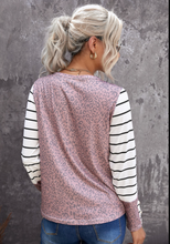 Load image into Gallery viewer, Pre-Order White Round Neck Leopard Splicing Sleeve Button Striped Top