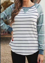 Load image into Gallery viewer, Pre-Order Green Plaid Raglan Sleeve Striped Top