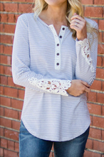 Load image into Gallery viewer, Pre-Order Round Neck Lace-cut Stripe Long Sleeve Top